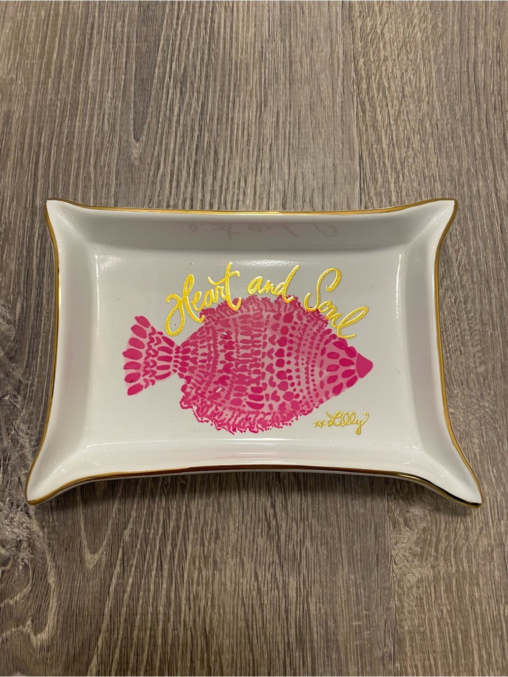 Lilly Pulitzer Heart and Soul Porcelain Trinket Jewelry Tray Pink Fish Gold Trim
